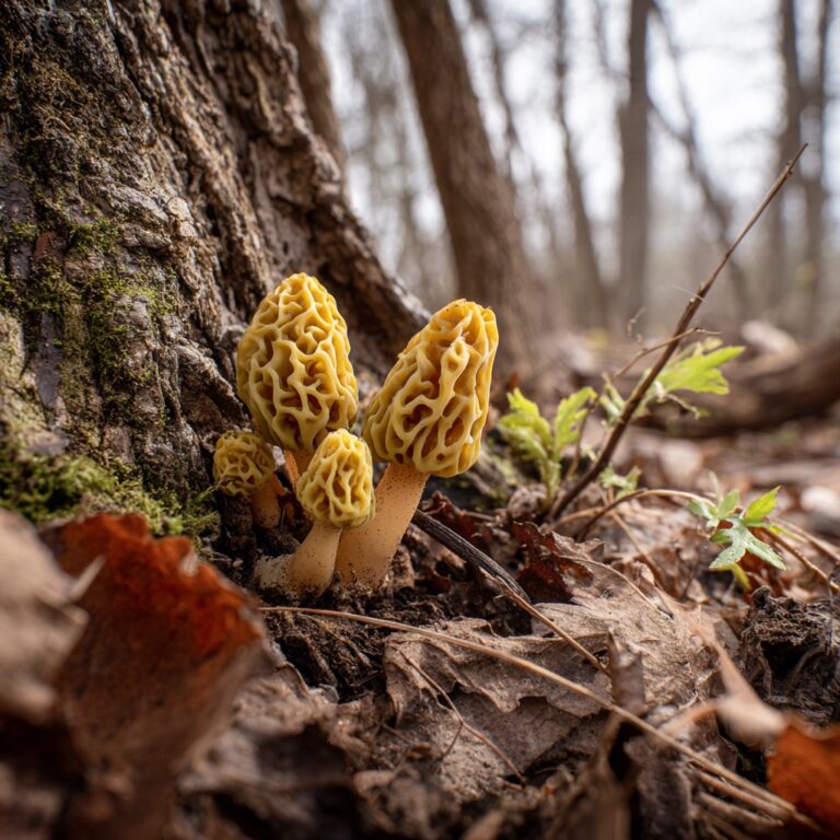 A cluster of yellow morels emerging from leaf
