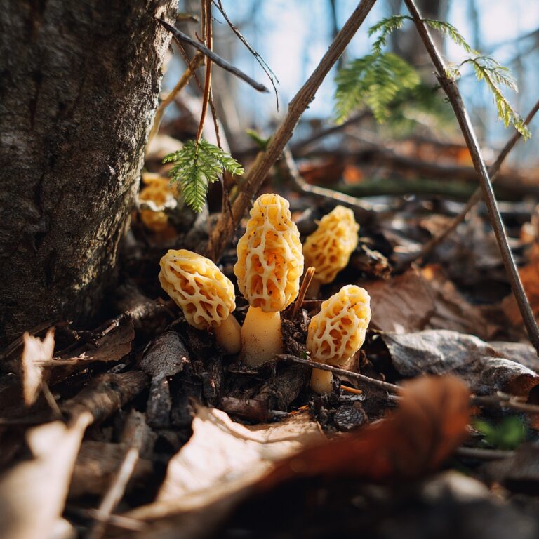 A cluster of yellow morels emerging from leaf